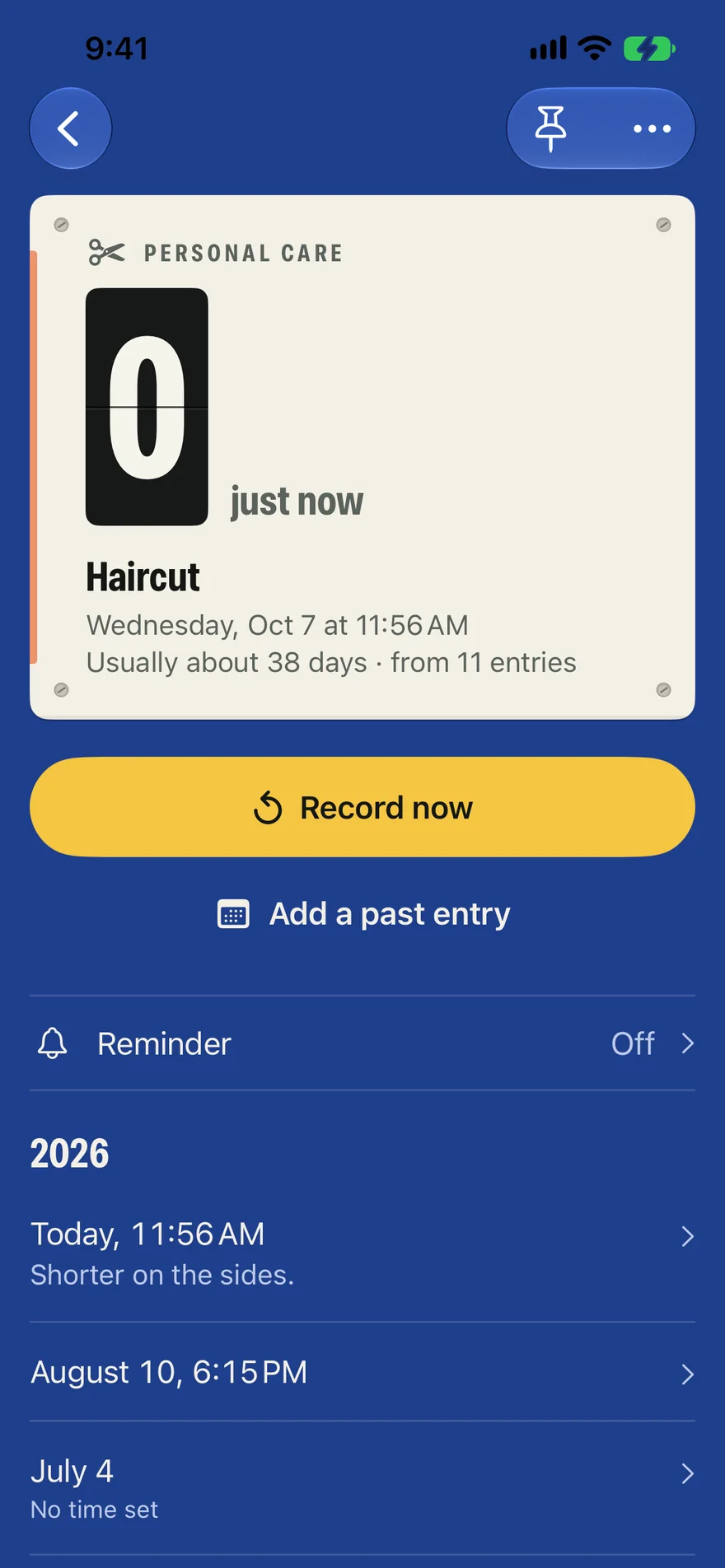 A tracker's details in Oncelet: Haircut, usually about 38 days from 11 entries, a Record now button, a reminder and the history for 2026