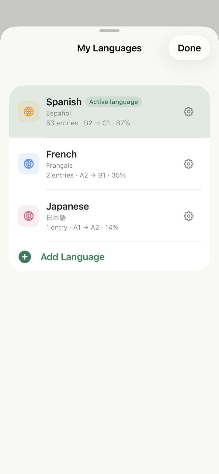 Sorrel My Languages screen tracking Spanish, French, and Japanese side by side