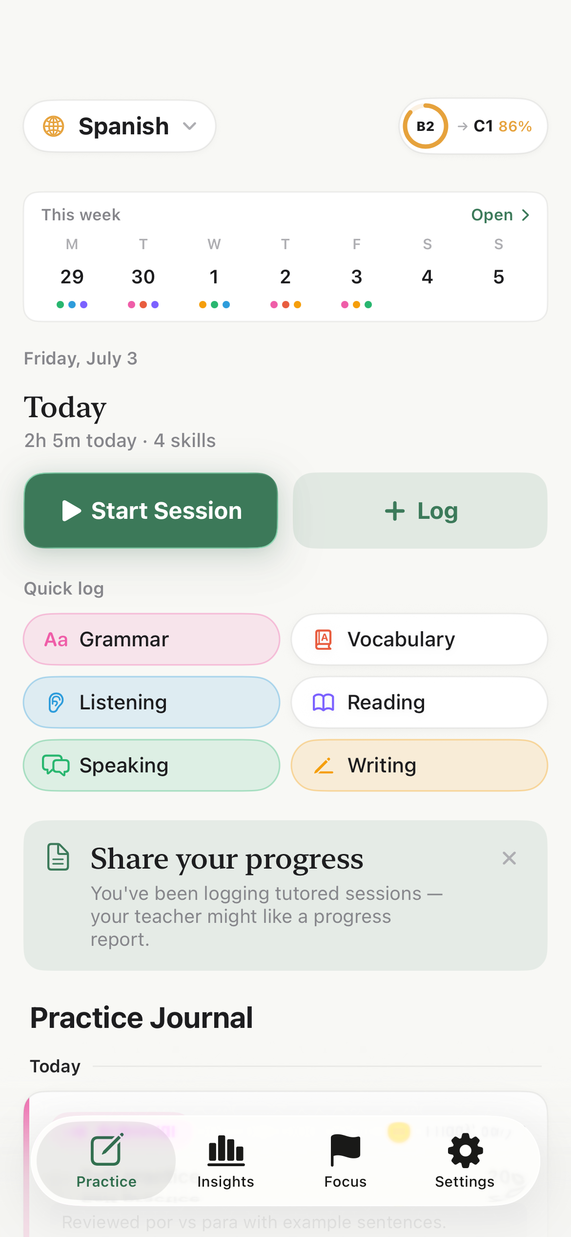 Sorrel Today screen with Start Session, quick logging, and the practice journal